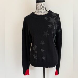 Zadig & Voltaire Black Cashmere Sweater with Silver Stars and Red Cuffs